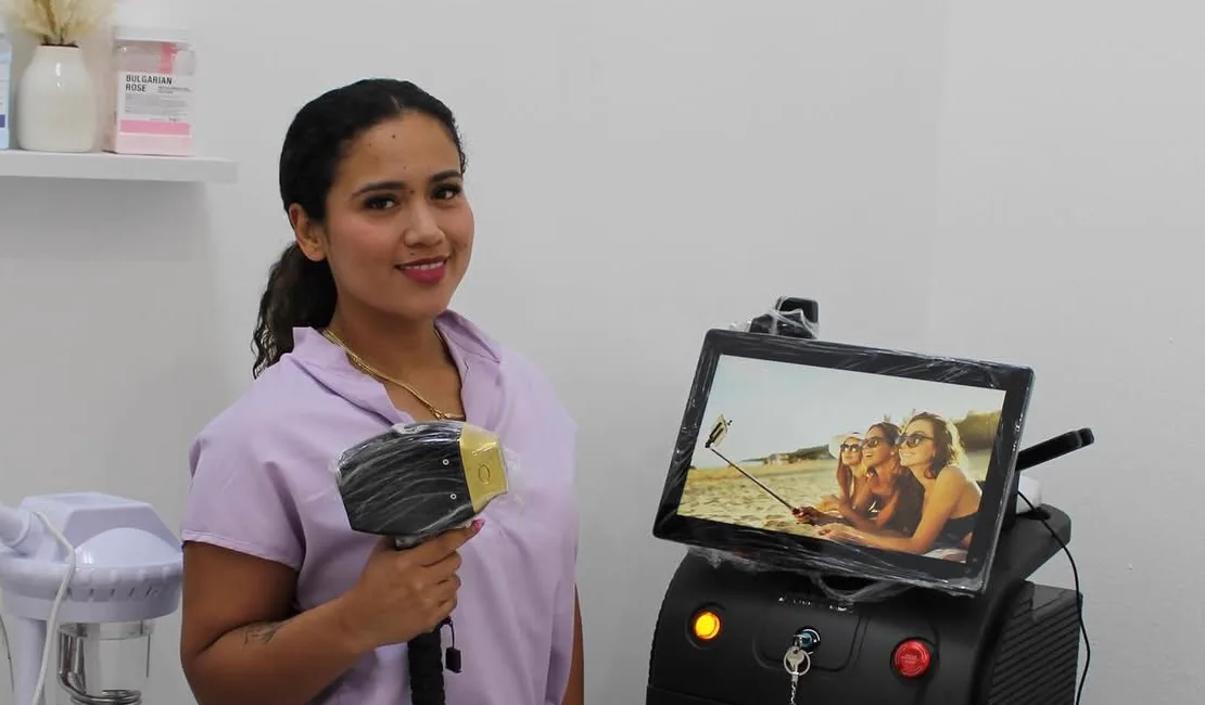 Yurany Vargas in her studio, beside the laser used for her skin treatments